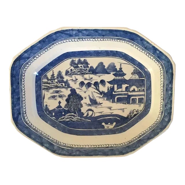 19th Century Chinese Export Porcelain Blue and White Canton Platter For Sale