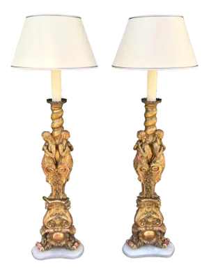Pair of Antique Early 19th C French Giltwood Figural Cathedral Candlestick Floor Lamps