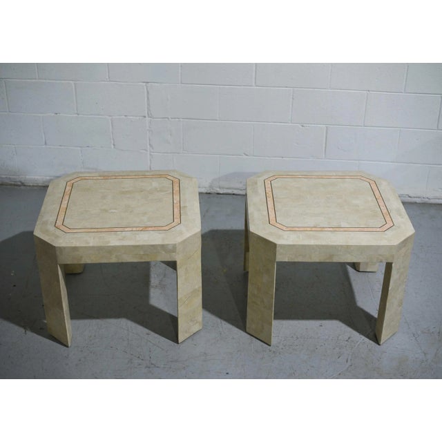 Modern Late 20th Century Tessellated Marble Side Tables With Gold Pink Inlay - a Pair For Sale - Image 3 of 12