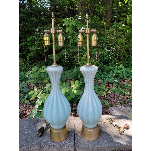 Mid-Century Modern 1950s Alfredo Barbini Murano Aventurine Glass Attributed Celadon Table Lamps, Twisted Form - a Pair For Sale - Image 3 of 8