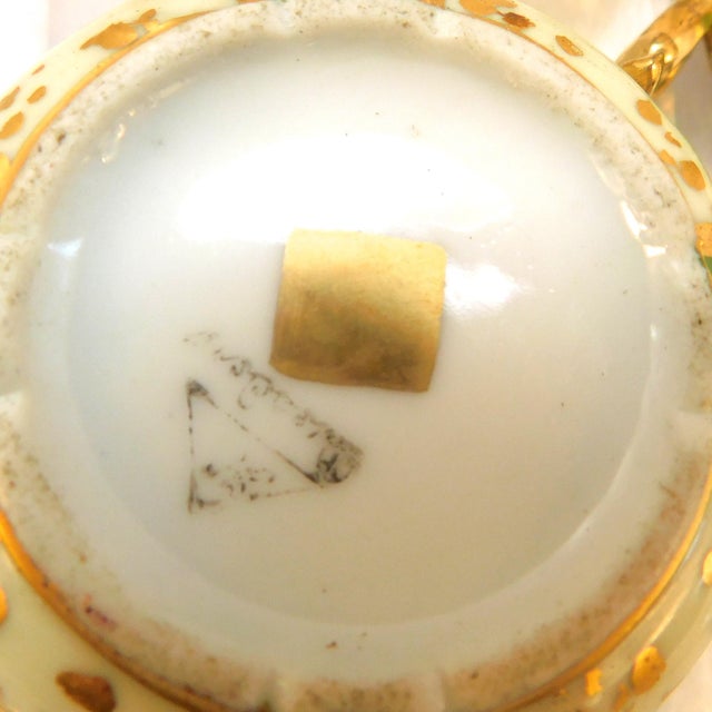 1930s Dresden Covered Two Handle Dessert Cup and Underplate With Raised Gold Trim For Sale - Image 15 of 18