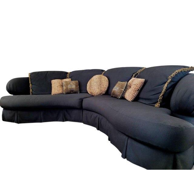 1980s Postmodern Serpentine Curved Two-Piece Sectional Sofa, Ribbed Black Upholstery For Sale - Image 10 of 17