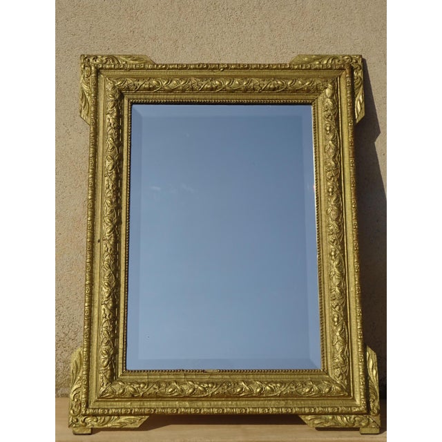 Elegant mirror in the Napoleon III style. Wood and stucco frame with gilded floral, fruit, and pearl motifs. Original...