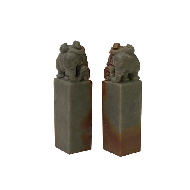 Stone Pair Chinese Soap Stone Carved Elephant Seal Stamp Display For Sale - Image 7 of 7