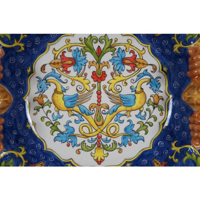 Large Italian Gatoukhova Deruta Style Phoenix Lion Head Centerpiece Bowl For Sale - Image 6 of 10