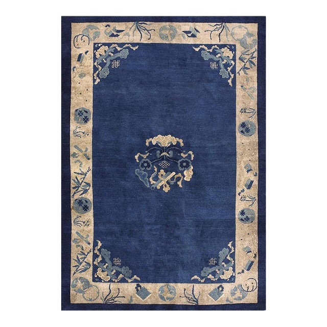 1900s Solid Open Blue Field Antique Chinese Floral Medallion Pattern Peking Rug For Sale