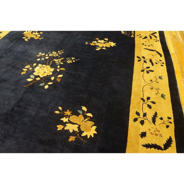 1920s Navy Blue Minimalist Floral Antique Chinese Peking Wool Rug 9' 2" X 14' 1" For Sale - Image 4 of 9