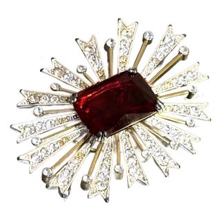 Kenneth Jay Lane Large Red Stone/Rhinestone Starburst Brooch For Sale