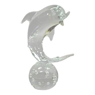 Royal Gallery Italian Crystal Glass 12" Dolphin Fish Sculpture Murano Style For Sale