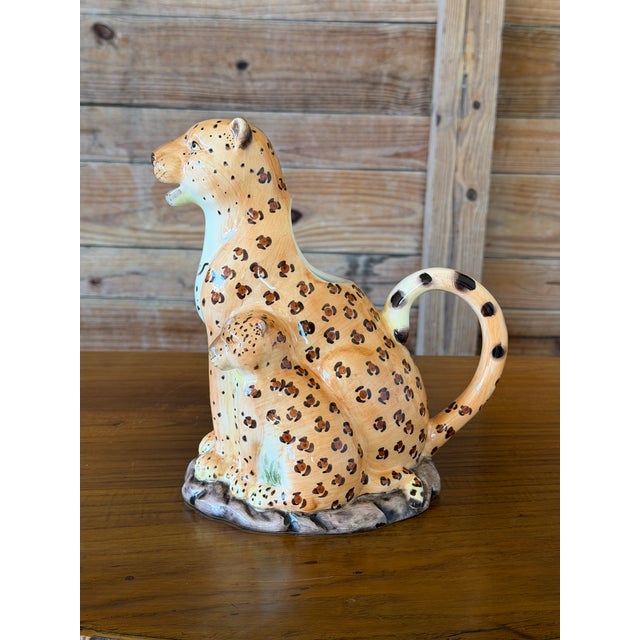 Camel Vintage Hand-Painted Ceramic Leopard and Cub Figural Pitcher For Sale - Image 8 of 11