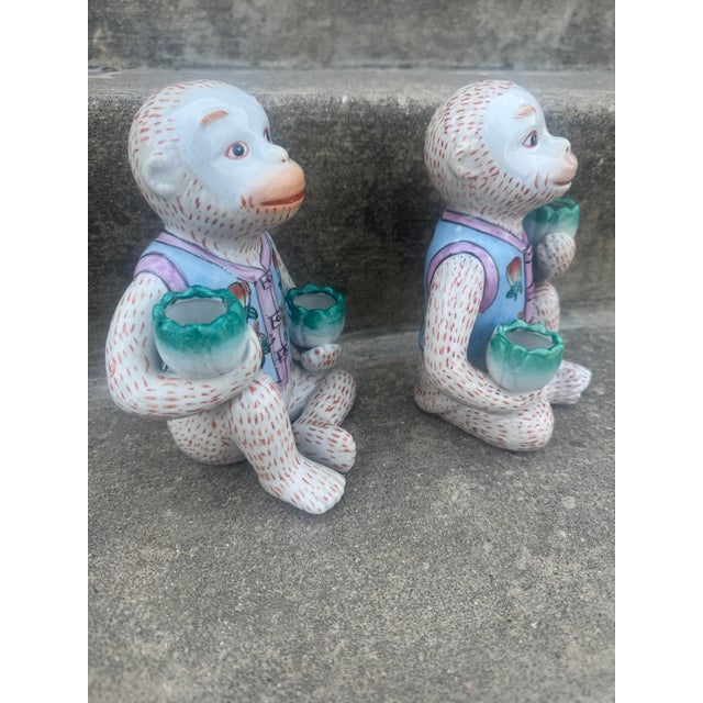 Hollywood Regency Vintage Chinoiserie Ceramic Seated Monkey Candleholders - A Pair For Sale - Image 3 of 9
