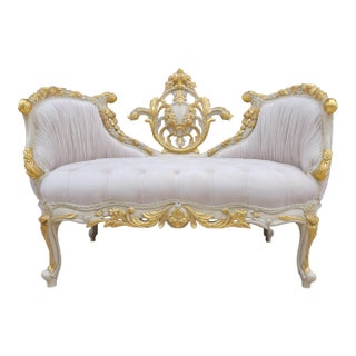19th Century French Vintage Settee, Gold Leaf Accent Finish, Tufted Pearl White Velvet For Sale