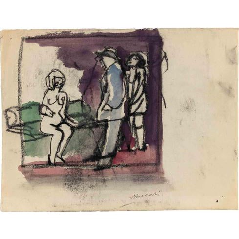 Mino Maccari, The Appointment, Nude, 1960s, Charcoal & Watercolor For Sale