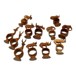 1960s Hand Carved African Wood Sculpture Safari Animals Napkin Ring Holders- Set of 12