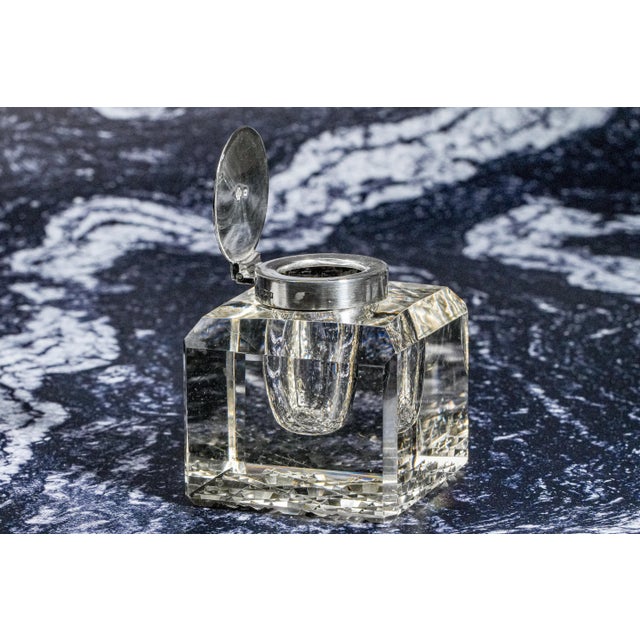 Glass Elegant Large Antique Paperweight Crystal Sterling Silver English Desk Inkwell For Sale - Image 7 of 15