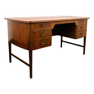 Mid Century Danish Modern Desk Executive Walnut 6 Drawer Locking Cabinet Wood For Sale