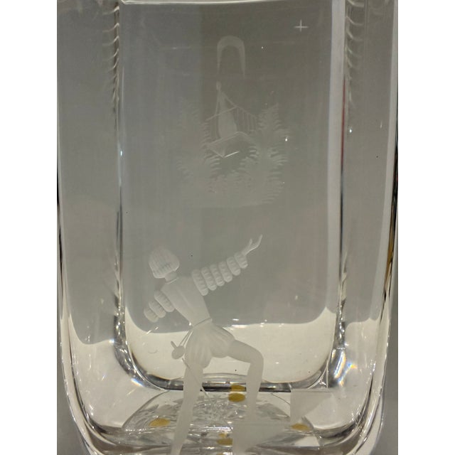 Signed Orrefors Sweden Engraved Crystal Vase – Figural Scene – Mid-Century Modern – 7.75” For Sale - Image 10 of 11