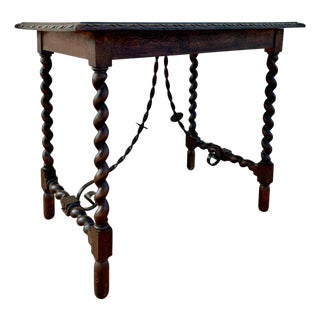 19th Century Spanish Side Table with Cared Turned Legs and Iron Stretcher, 1850 For Sale