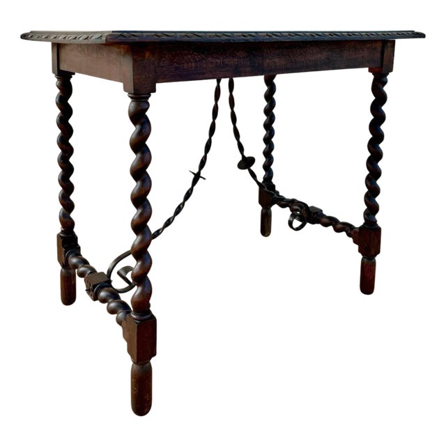 19th Century Spanish Side Table with Cared Turned Legs and Iron Stretcher, 1850 For Sale