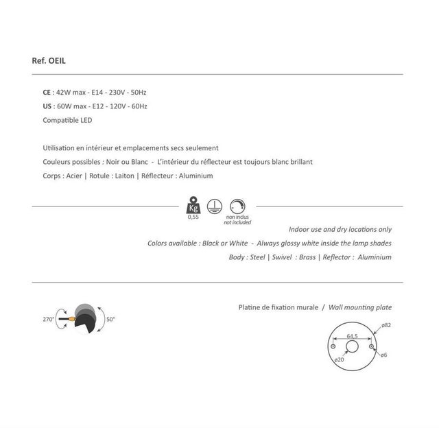 Mid-Century Modern White Eye Wall Lamp from Serge Mouille For Sale - Image 4 of 5