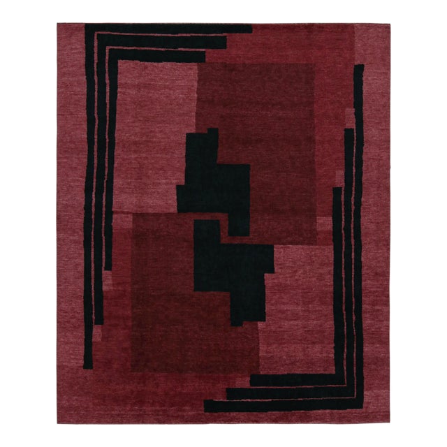 Rug & Kilim’s French Art Deco Style Rug in Red With Black Geometric Patterns For Sale