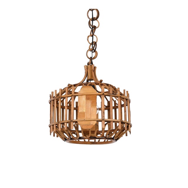 Wood Mid-Century French Riviera Style Bambo & Rattan Rounded Pendant Lamp, 1960s For Sale - Image 7 of 18
