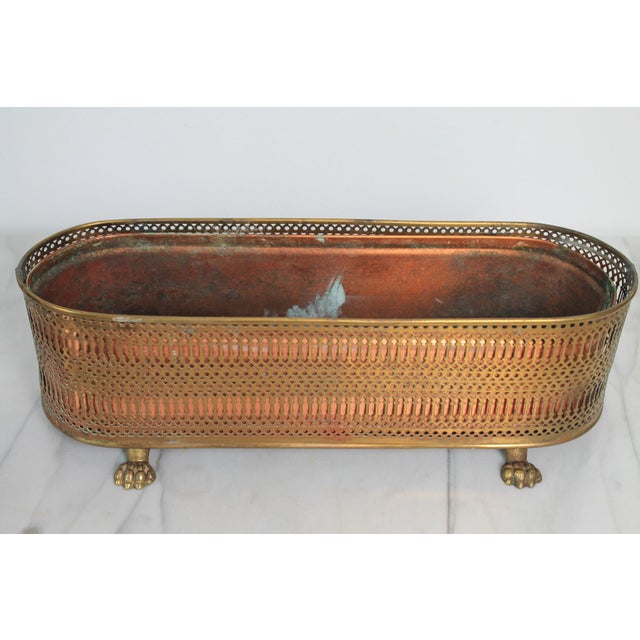 Mid 20th Century Vintage Oval Elongated Footed Brass and Copper Reticulated Planter W/ Paw Feet For Sale - Image 5 of 14