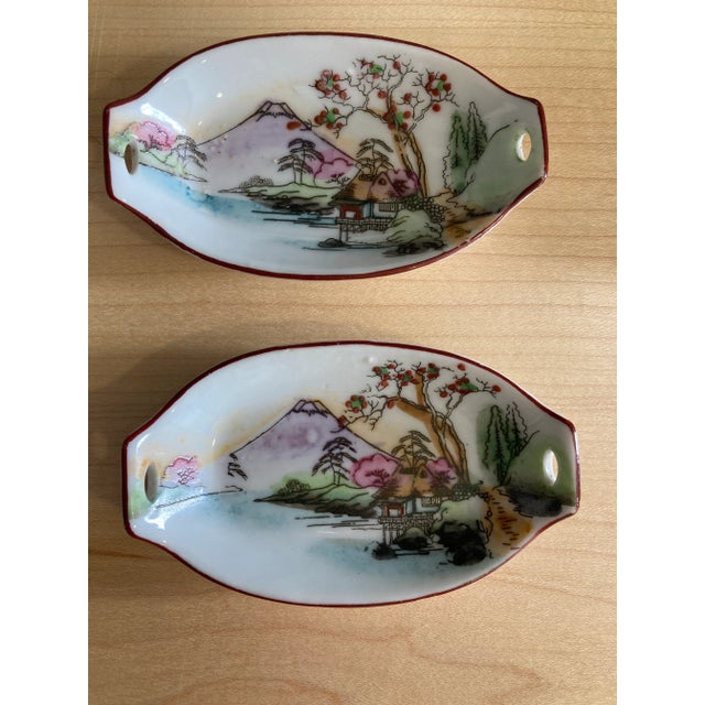 Vintage Hand Painted Japanese Sushi Serving Set With Mount Fuji Landscape, 7 Pieces For Sale - Image 4 of 9