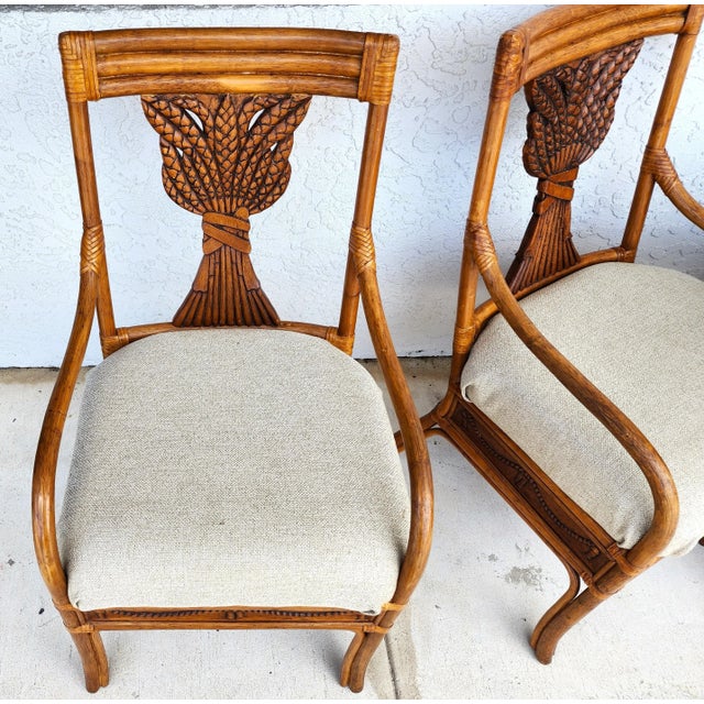 Wood Vintage Bamboo Rattan Wheat Back Dining Set For Sale - Image 7 of 12