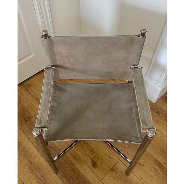 Maison Jansen Vintage Maison Jansen Style, Campaign Pace Director Arm Chair, Suede Leather Chrome and Brass For Sale - Image 4 of 11