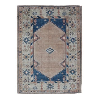 Vintage Turkish Oushak Rug With Elegant Blue and Soft Peach Motifs 5'7 X 7'8 For Sale