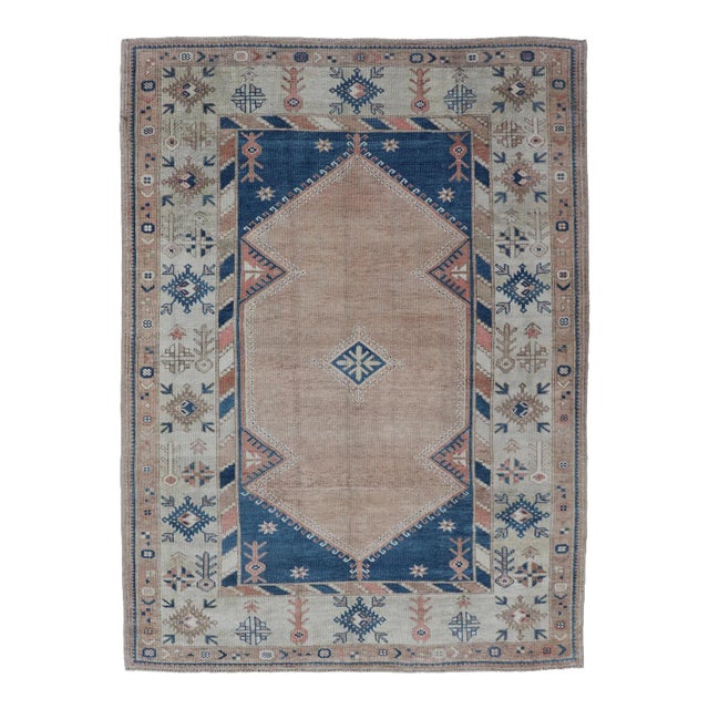 Vintage Turkish Oushak Rug With Elegant Blue and Soft Peach Motifs 5'7 X 7'8 For Sale