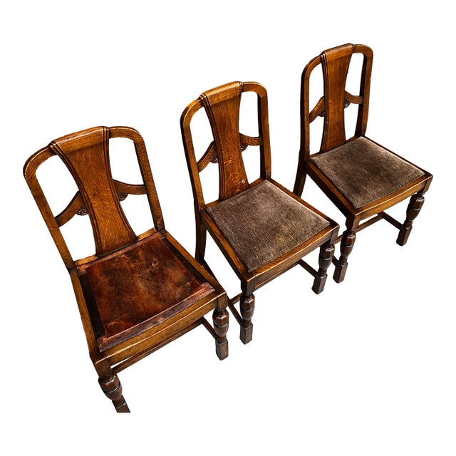 1940s Set of 3 English Oak Dining Chairs For Sale