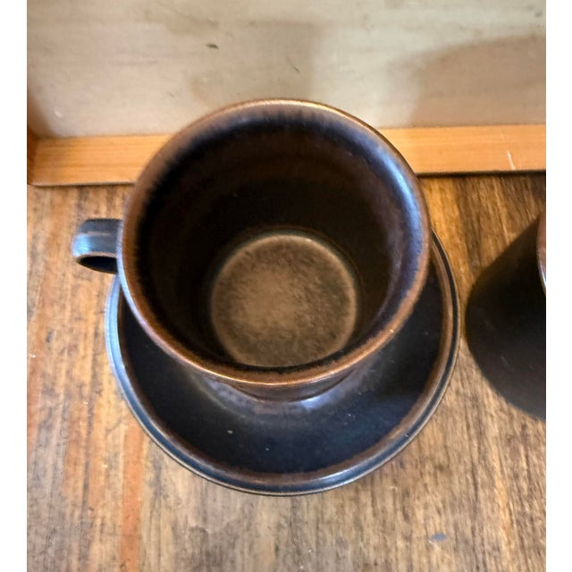 Mid-Century Modern Vintage Duos Arabia Finland Ruska Stoneware 2 Coffee Cups & Saucer For Sale - Image 3 of 7