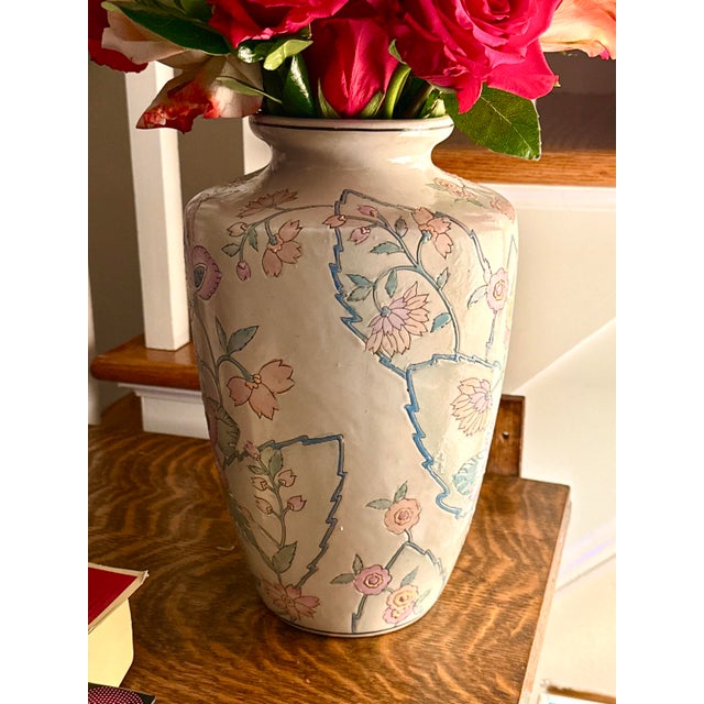 Ceramic Vintage Cabbage Rose Chinese Vase For Sale - Image 7 of 7