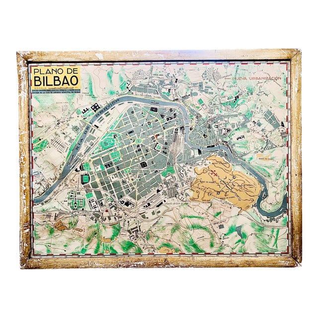 Original 1952 Mid-Century City Plan of Bilbao, Spain ‘Plano De Bilbao’ in Original Chippy Wood Frame For Sale