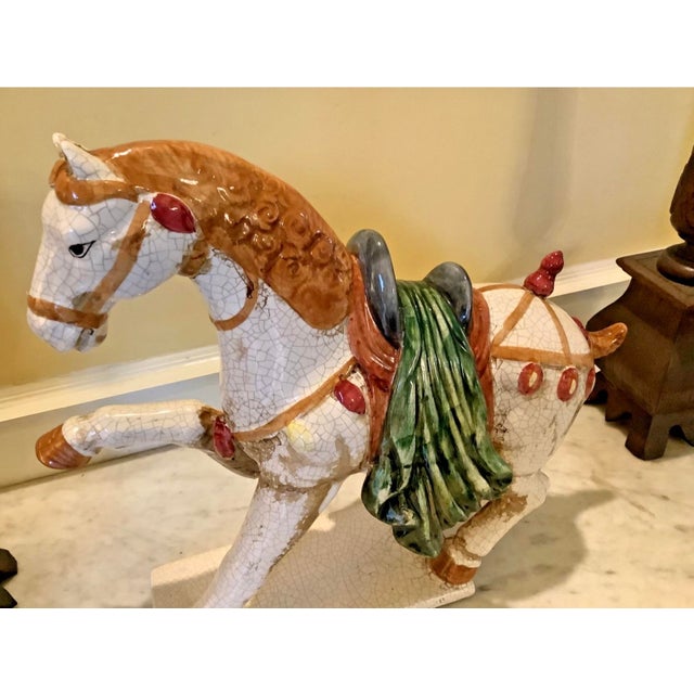 Chinese Large Tany Sancai Style Crackle Glazed War Horse Statue, 17" For Sale - Image 4 of 11