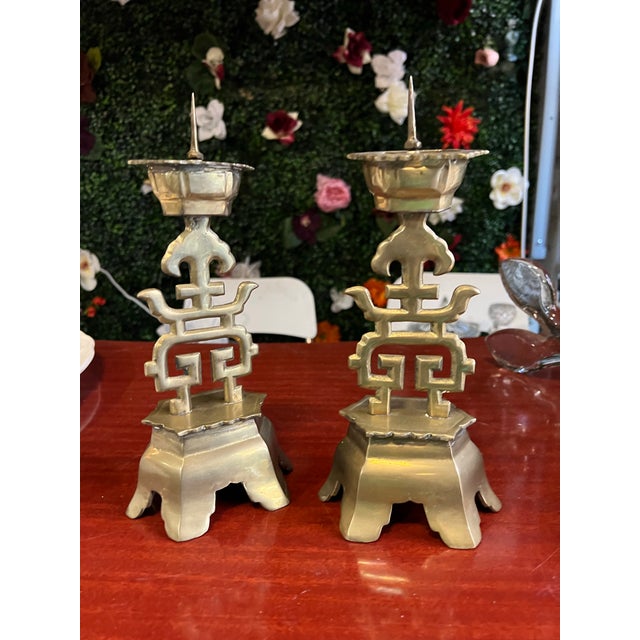 1970s Solid Brass Heavy Chinoiserie Pair of Candle Holders For Sale - Image 4 of 5