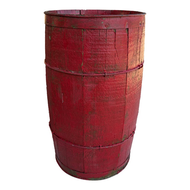 Antique Nail Keg Cask Barrel Painted Red With Twisted Metal Wire Bands For Sale