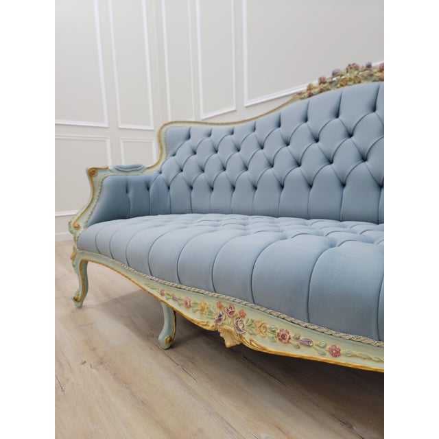 1970s Sky Blue Tufted French Provincial Sofa | Hand-Painted Floral Trim, Louis XV Style Settee For Sale - Image 12 of 12