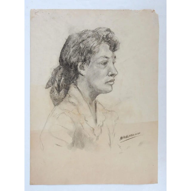 Mid-Century Modern Vintage Mid Century Charles Normann Charcoal Portrait Drawing of Woman For Sale - Image 3 of 4