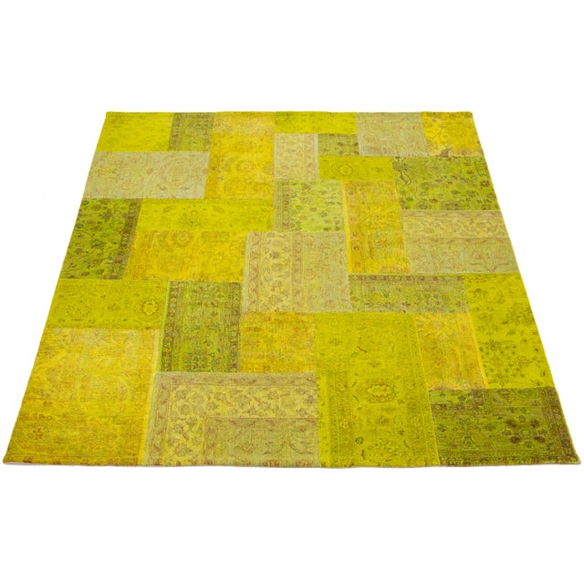 Green Modern Handcrafted Patchwork Wool Rug in Green With Allover Design For Sale - Image 8 of 9