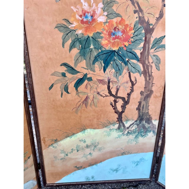 Robin's Egg Blue 19th Century Chinese Hand Painted Silk 6-Panel Wallpaper Floor Screen Mounted as a Pair For Sale - Image 8 of 12