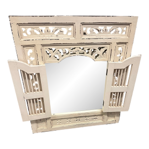 Antique White Asian Balinese Hand Crafted Wood Window Shutter Doors Wall Mirror
