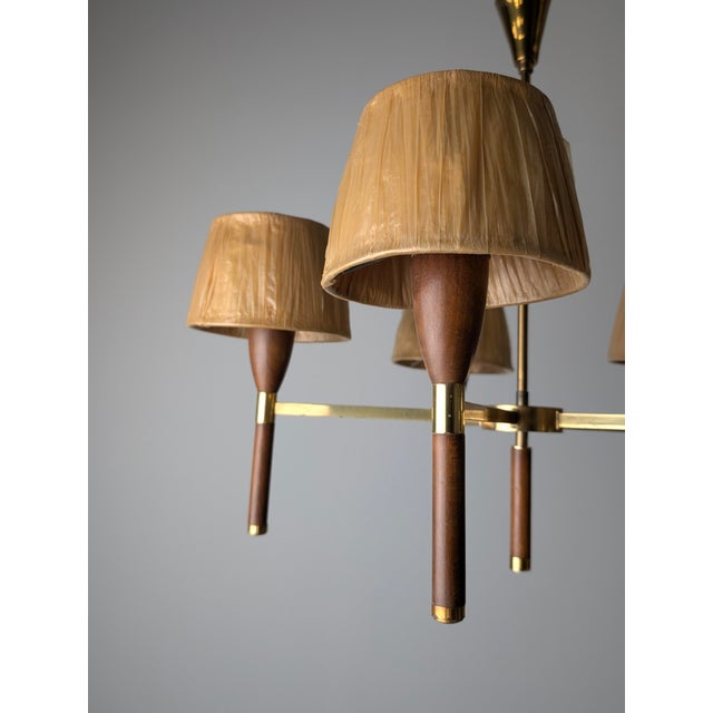 Brown Danish 5-Arm Chandelier in Wood and Brass, 1950s For Sale - Image 8 of 18