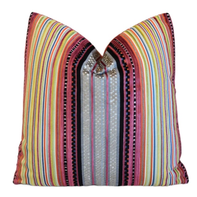 2020s Colorful French Striped Velvet Feather/Down Pillow For Sale - Image 5 of 9