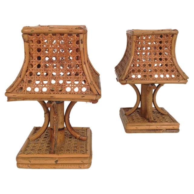 Mid-Century Bedside Table Lamps in Rattan and Wicker Cane Webbing, Italy, 1960s, Set of 2 For Sale