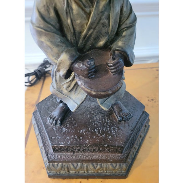 Vintage Regency Monkey Playing a Drum With Gold Robe, Hat Table Lamp Striped Black Gold Shade For Sale - Image 9 of 11