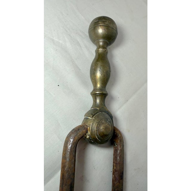 Antique 18th Century Wrought Iron Turned Brass English Fireplace Tongs Tool 21 For Sale - Image 4 of 9