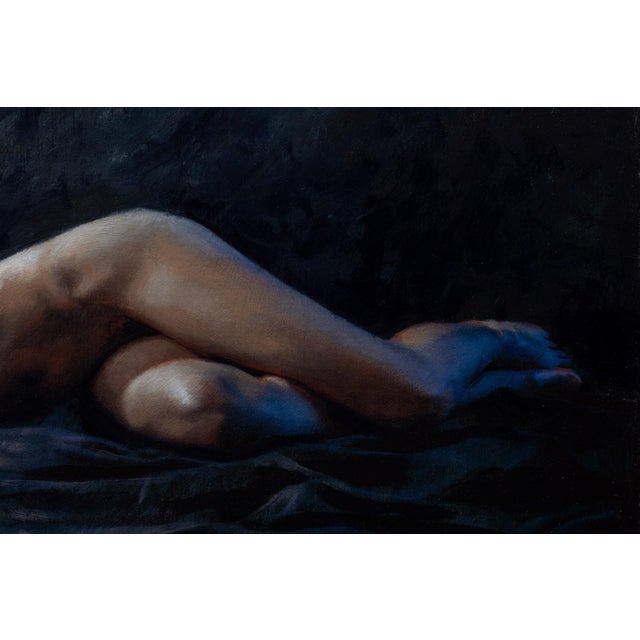 Audrey #1 by Dave Seeley | Oil on Canvas on Board Nude figure reclining on dark fabric. For Sale - Image 4 of 5